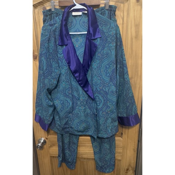 Victoria's Secret Gold Label Pajama Set‎ L Paisley Teal Purple Satin 90s Vintage